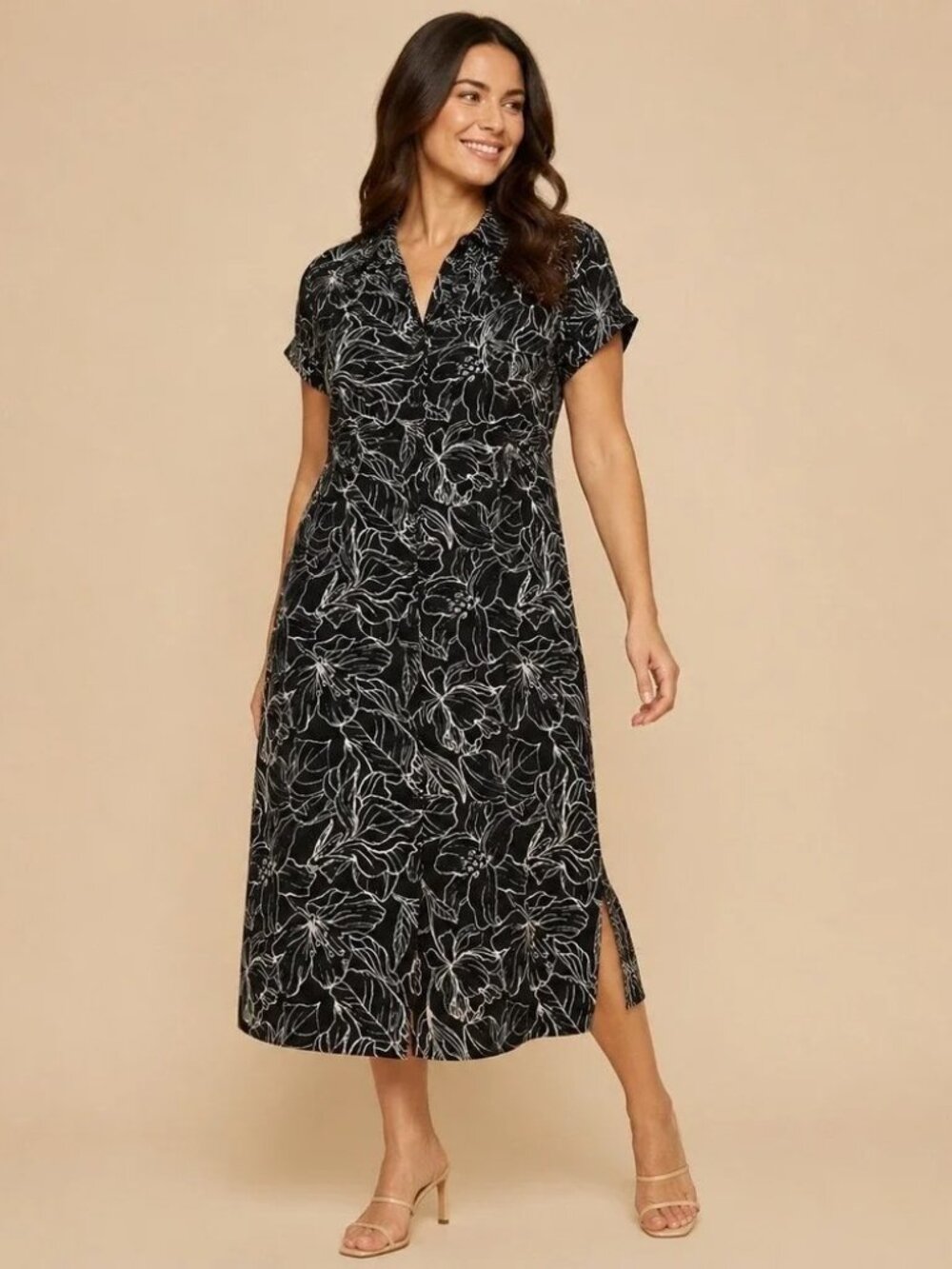 Jewel Badgley Mischka | Floral Print Midi Shirt Dress | Black/Cream